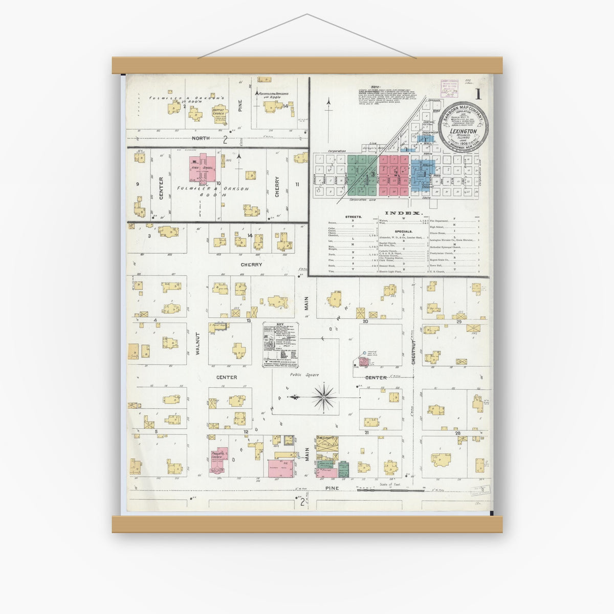 Old map wall art mockup — magnetic wood frame on white wall — Sanborn Fire Insurance Map from Lexington, McLean County, Illinois (1906) - Complete Map Set
