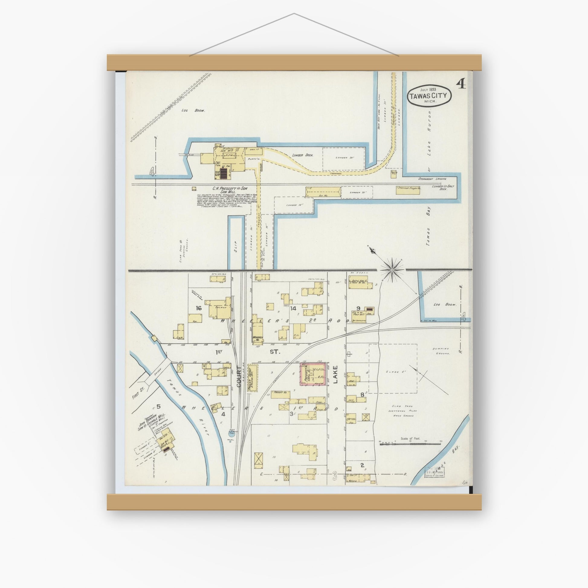 Old map wall art mockup — magnetic wood frame on white wall — Sanborn Fire Insurance Map from East Tawas, Iosco County, Michigan (1893), Sheet #0004