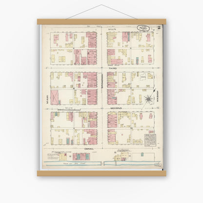 Old map wall art mockup — magnetic wood frame on white wall — Sanborn Fire Insurance Map from Peru, Miami County, Indiana (1883), Sheet #0002