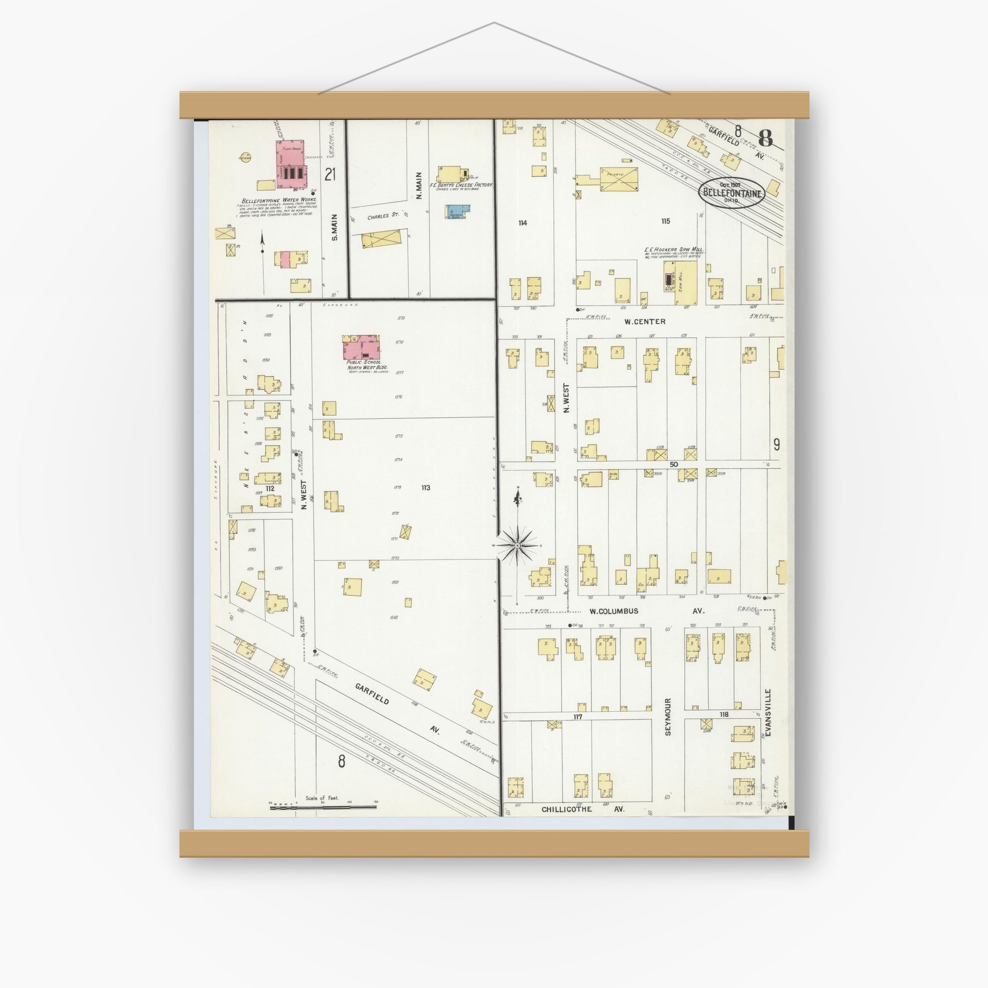 Old map wall art mockup — magnetic wood frame on white wall — Sanborn Fire Insurance Map from Bellefontaine, Logan County, Ohio (1907), Sheet #0008