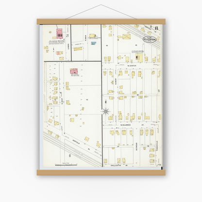 Old map wall art mockup — magnetic wood frame on white wall — Sanborn Fire Insurance Map from Bellefontaine, Logan County, Ohio (1907), Sheet #0008