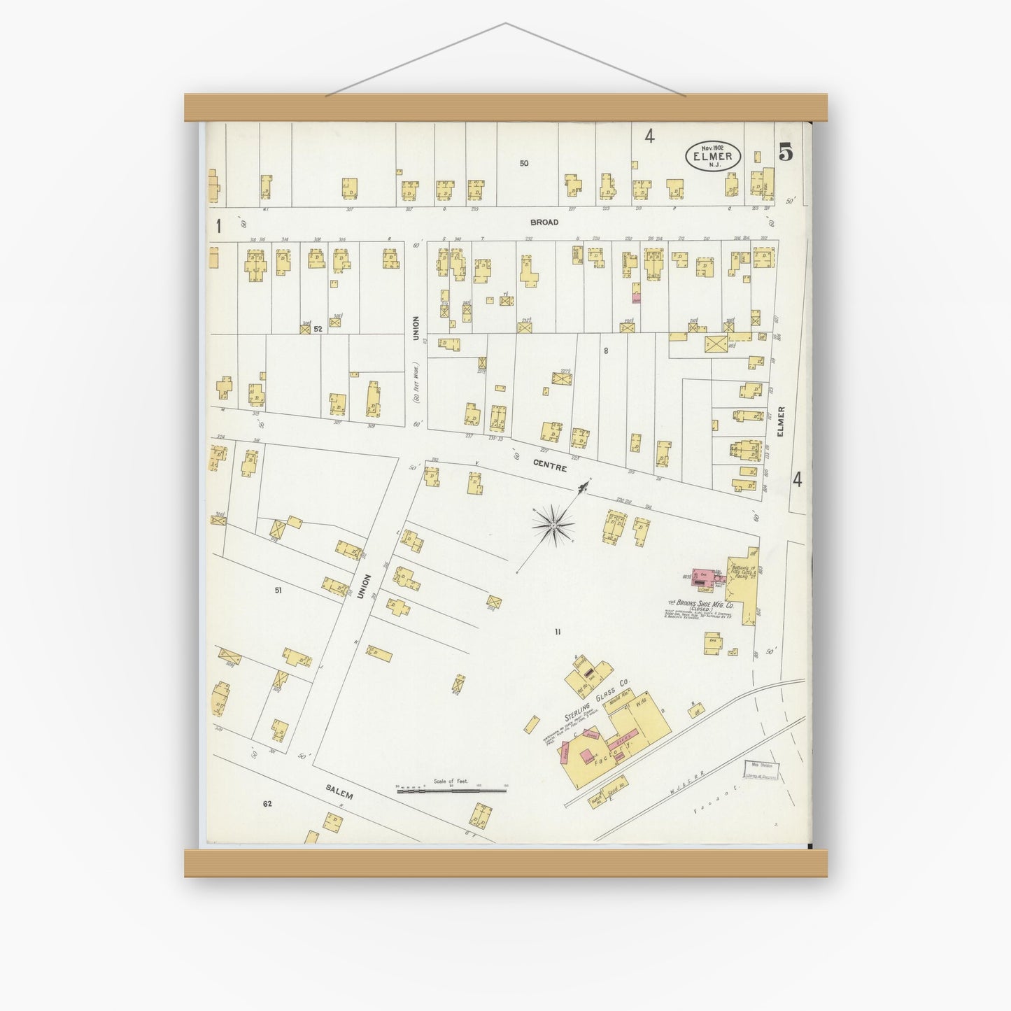 Old map wall art mockup — magnetic wood frame on white wall — Sanborn Fire Insurance Map from Elmer, Salem County, New Jersey (1902), Sheet #0005