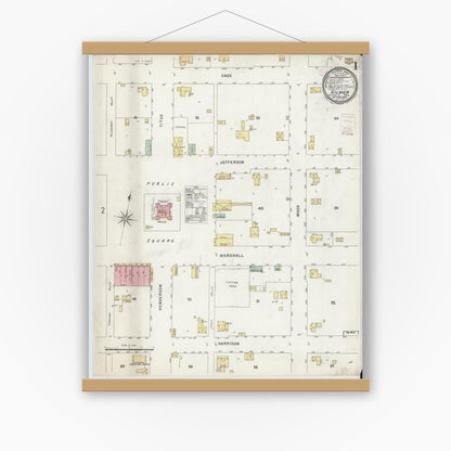 Old map wall art mockup — magnetic wood frame on white wall — Sanborn Fire Insurance Map from Gilmer, Upshur County, Texas (1896), Sheet #0001