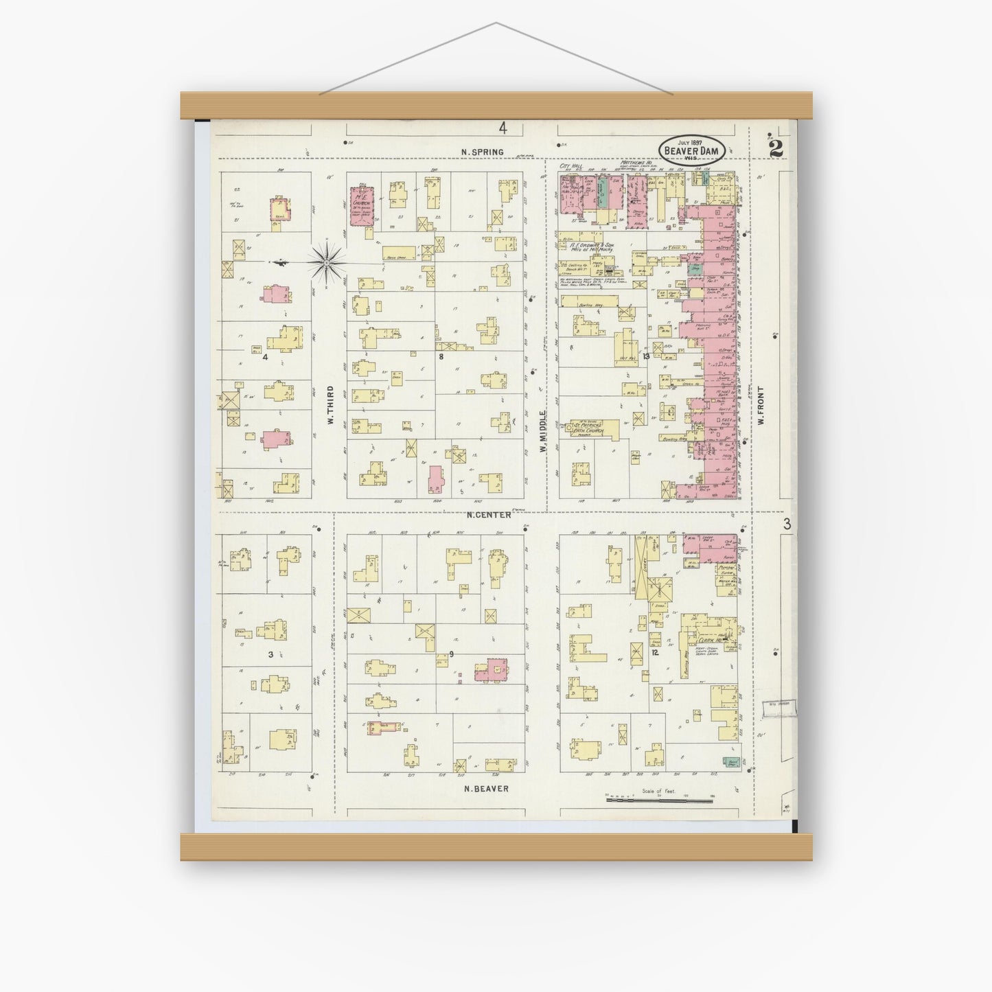 Old map wall art mockup — magnetic wood frame on white wall — Sanborn Fire Insurance Map from Beaver Dam, Dodge County, Wisconsin (1897), Sheet #0002
