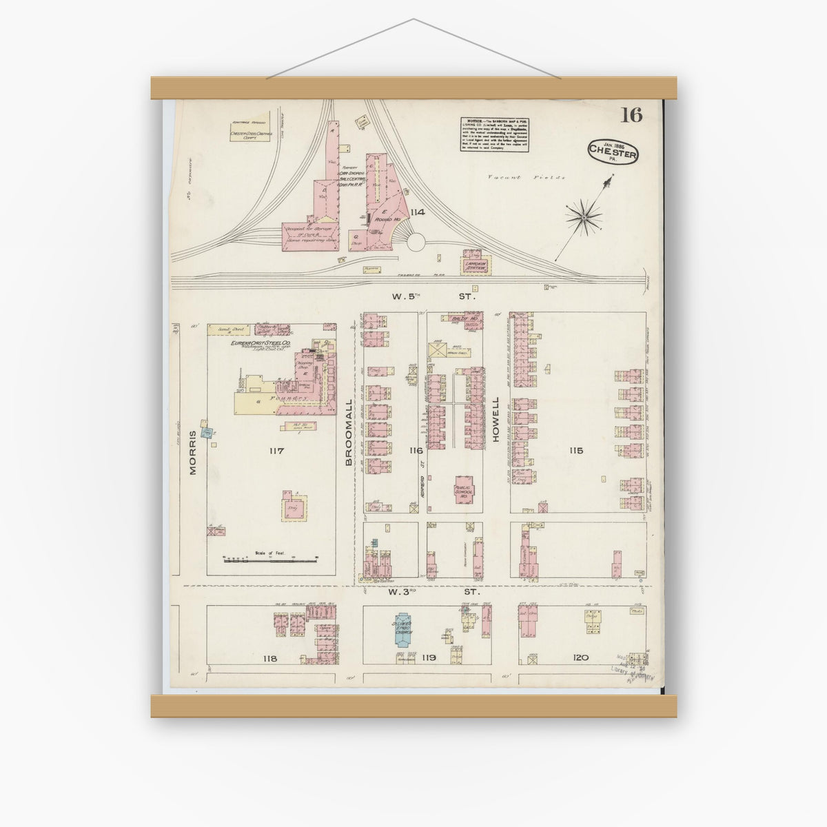 Old map wall art mockup — magnetic wood frame on white wall — Sanborn Fire Insurance Map from Chester, Delaware County, Pennsylvania (1885), Sheet #0016