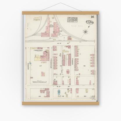 Old map wall art mockup — magnetic wood frame on white wall — Sanborn Fire Insurance Map from Chester, Delaware County, Pennsylvania (1885), Sheet #0016