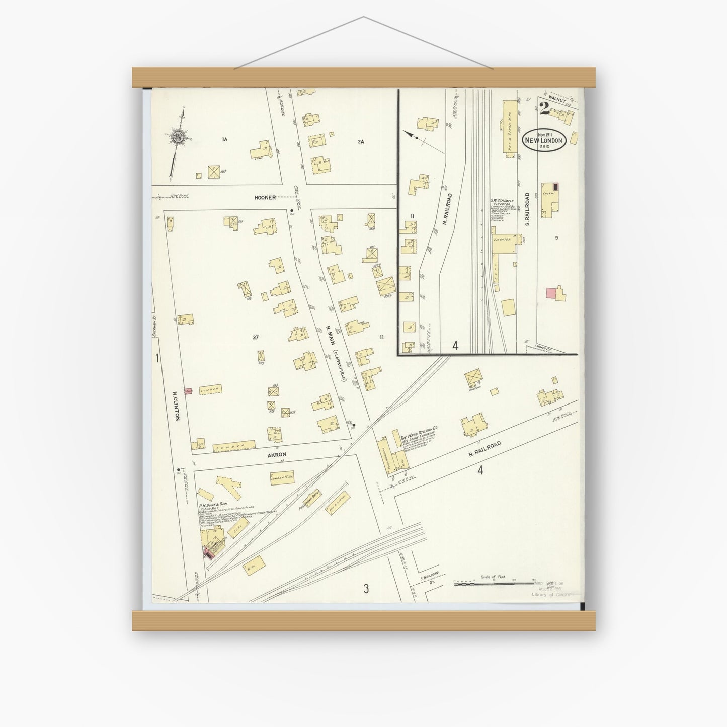 Old map wall art mockup — magnetic wood frame on white wall — Sanborn Fire Insurance Map from New London, Huron County, Ohio (1911), Sheet #0002