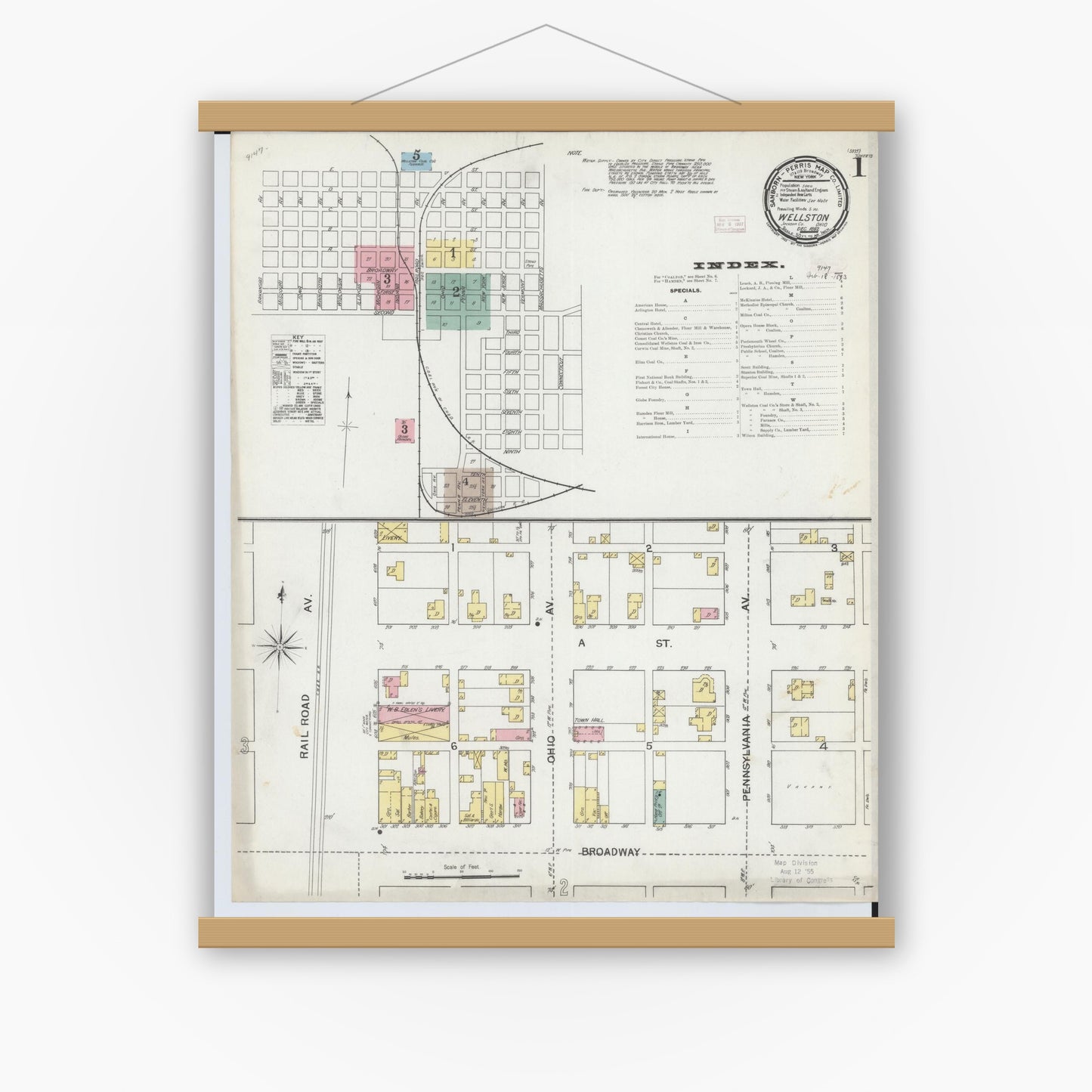 Old map wall art mockup — magnetic wood frame on white wall — Sanborn Fire Insurance Map from Wellston, Jackson County, Ohio (1892) - Complete Map Set