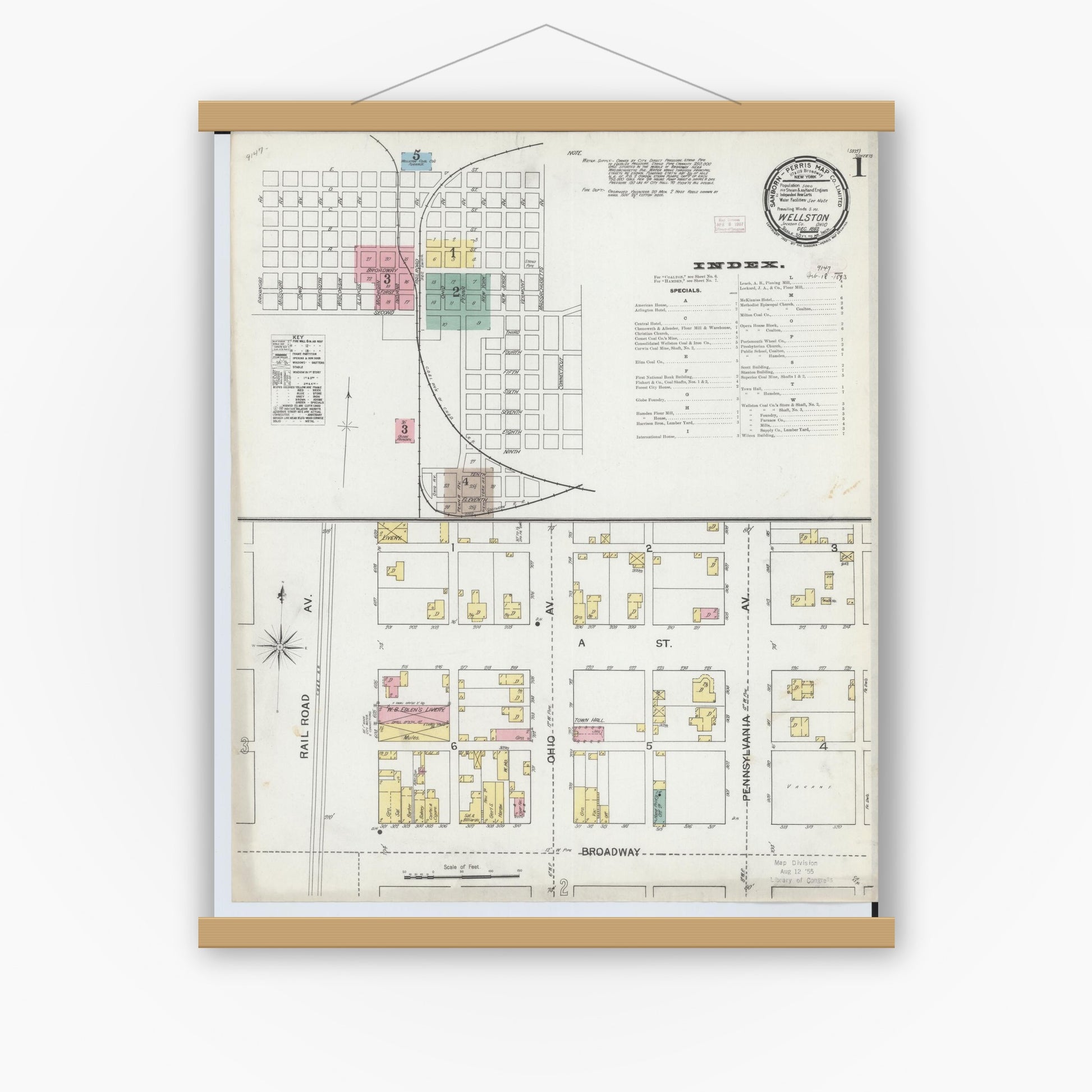 Old map wall art mockup — magnetic wood frame on white wall — Sanborn Fire Insurance Map from Wellston, Jackson County, Ohio (1892) - Complete Map Set