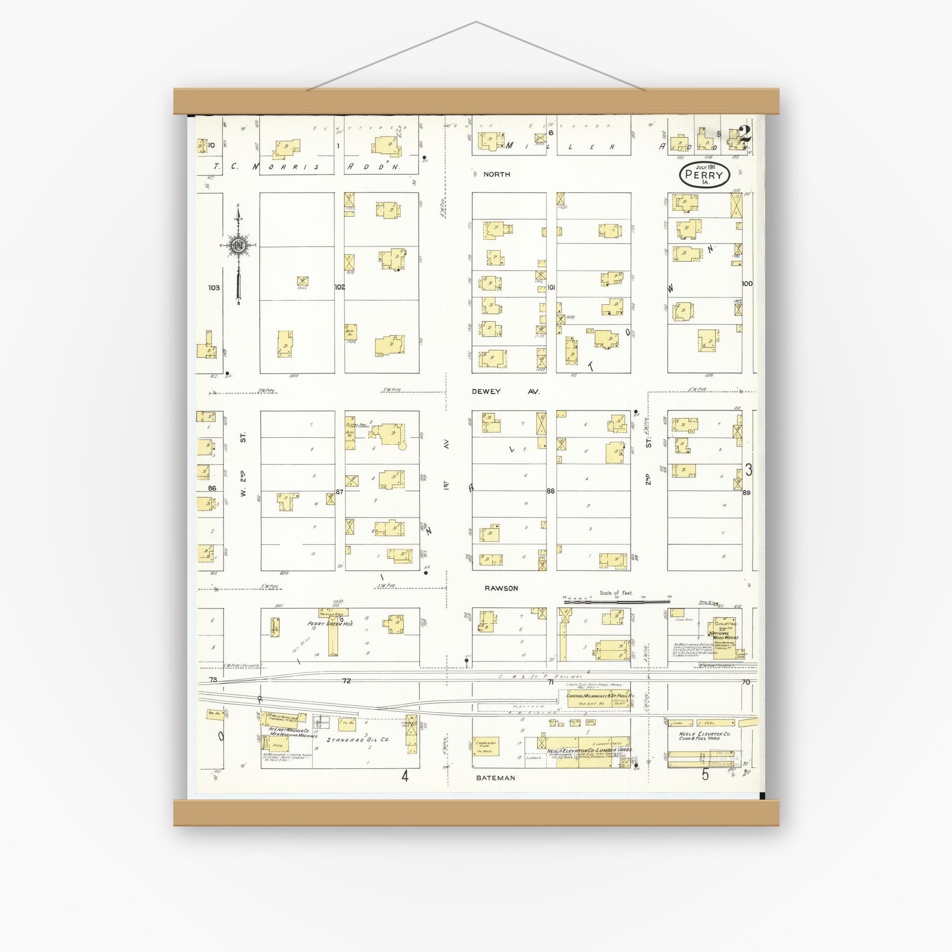 Old map wall art mockup — magnetic wood frame on white wall — Sanborn Fire Insurance Map from Perry, Dallas County, Iowa (1911), Sheet #0002