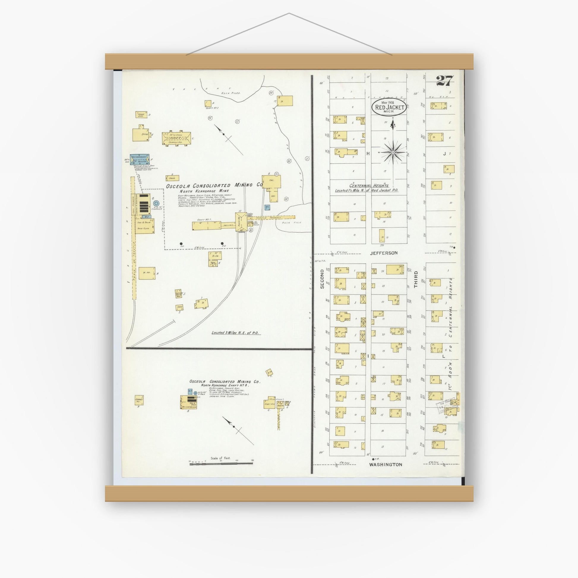 Old map wall art mockup — magnetic wood frame on white wall — Sanborn Fire Insurance Map from Red Jacket, Houghton County, Michigan (1908), Sheet #0027