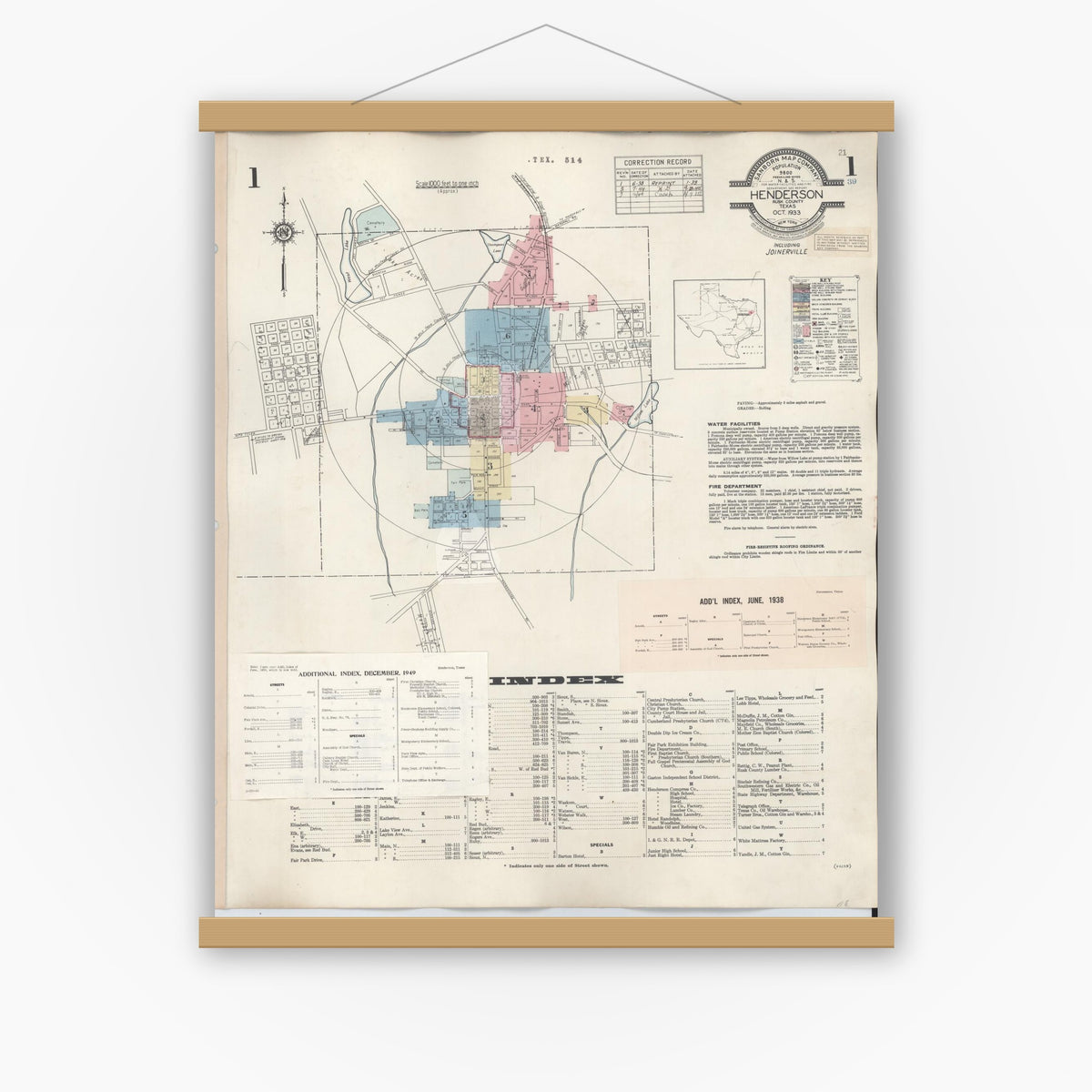 Old map wall art mockup — magnetic wood frame on white wall — Sanborn Fire Insurance Map from Henderson, Rusk County, Texas (1949) - Complete Map Set