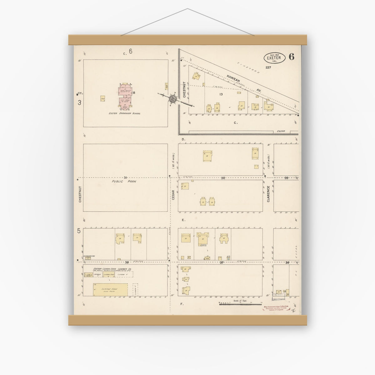 Old map wall art mockup — magnetic wood frame on white wall — Sanborn Fire Insurance Map from Exeter, Tulare County, California (1912), Sheet #0006