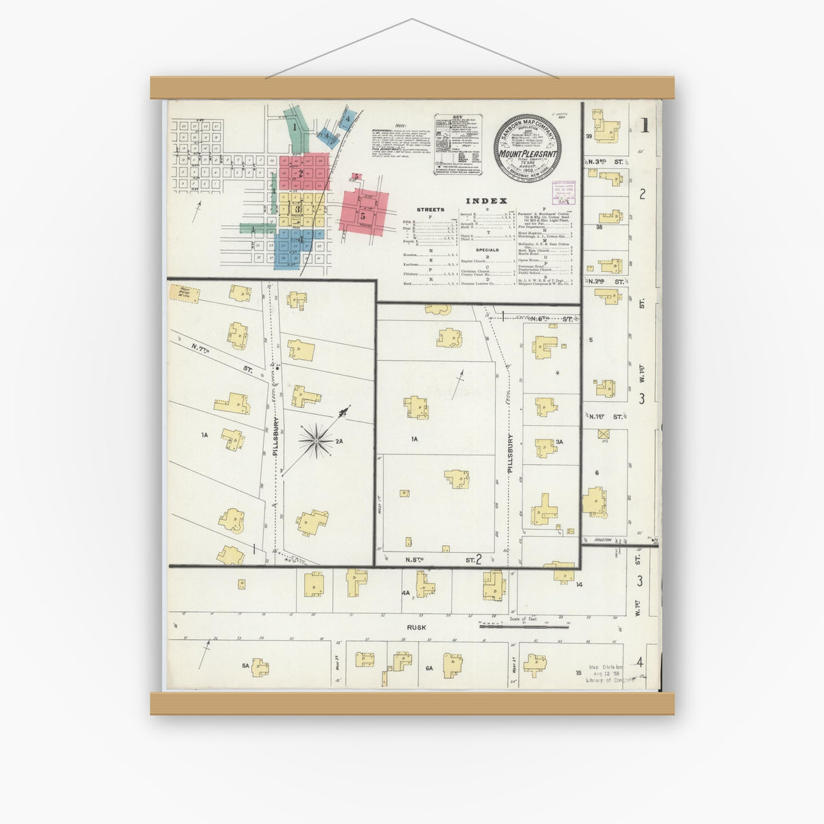 Old map wall art mockup — magnetic wood frame on white wall — Sanborn Fire Insurance Map from Mount Pleasant, Titus County, Texas (1906) - Complete Map Set