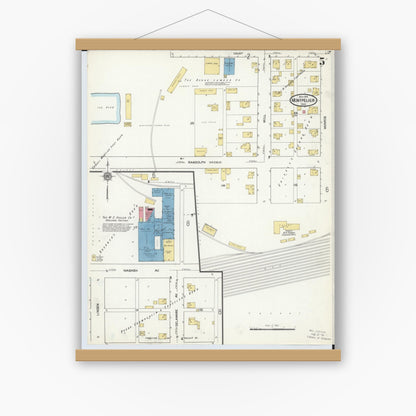 Old map wall art mockup — magnetic wood frame on white wall — Sanborn Fire Insurance Map from Montpelier, Williams County, Ohio (1916), Sheet #0005