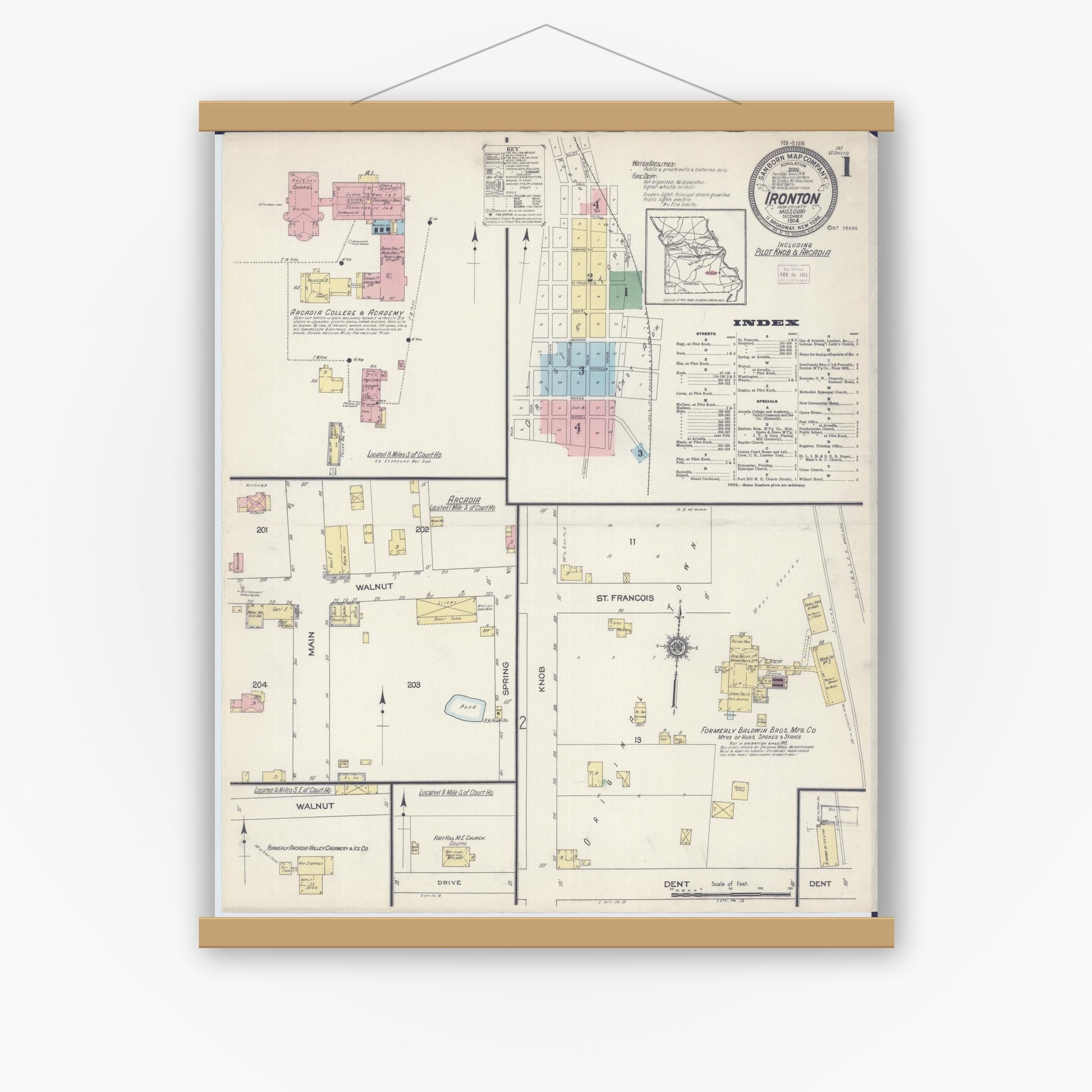 Old map wall art mockup — magnetic wood frame on white wall — Sanborn Fire Insurance Map from Ironton, Iron County, Missouri (1914) - Complete Map Set