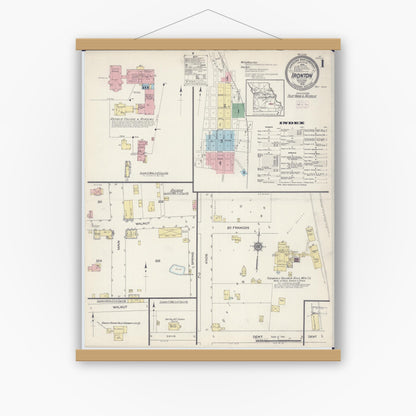 Old map wall art mockup — magnetic wood frame on white wall — Sanborn Fire Insurance Map from Ironton, Iron County, Missouri (1914) - Complete Map Set