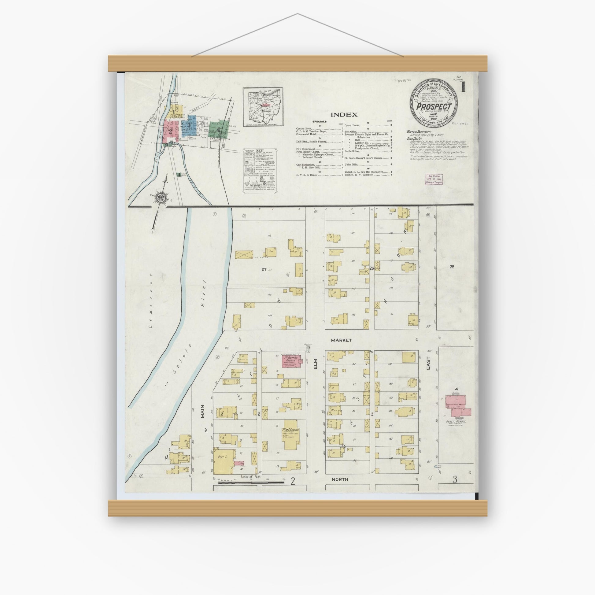Old map wall art mockup — magnetic wood frame on white wall — Sanborn Fire Insurance Map from Prospect, Marion County, Ohio (1916) - Complete Map Set