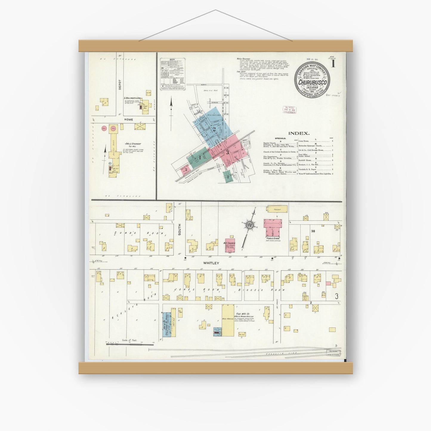Old map wall art mockup — magnetic wood frame on white wall — Sanborn Fire Insurance Map from Churubusco, Whitley County, Indiana (1911) - Complete Map Set