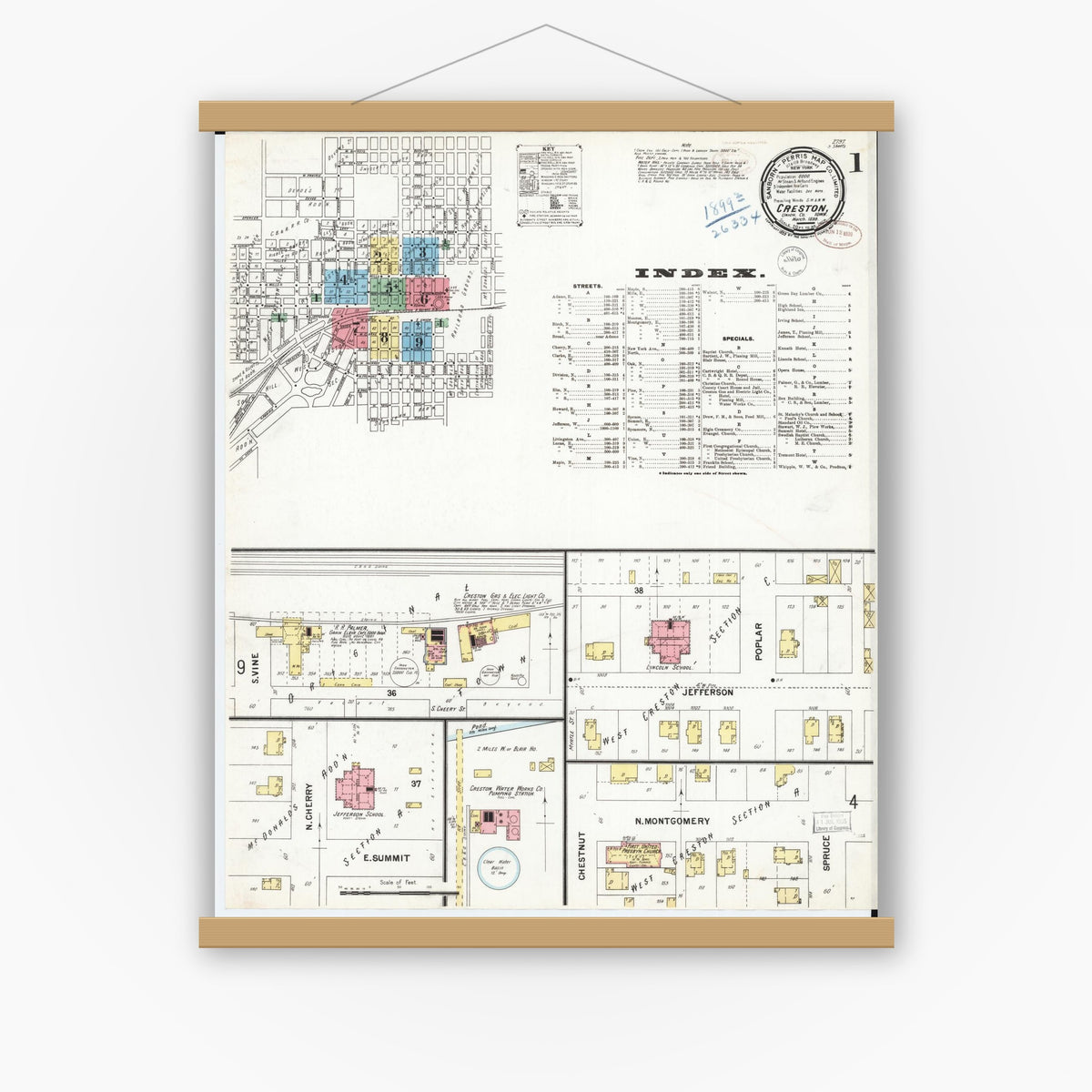 Old map wall art mockup — magnetic wood frame on white wall — Sanborn Fire Insurance Map from Creston, Union County, Iowa (1899) â€” Complete Set