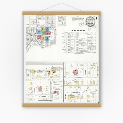 Old map wall art mockup — magnetic wood frame on white wall — Sanborn Fire Insurance Map from Creston, Union County, Iowa (1899) â€” Complete Set