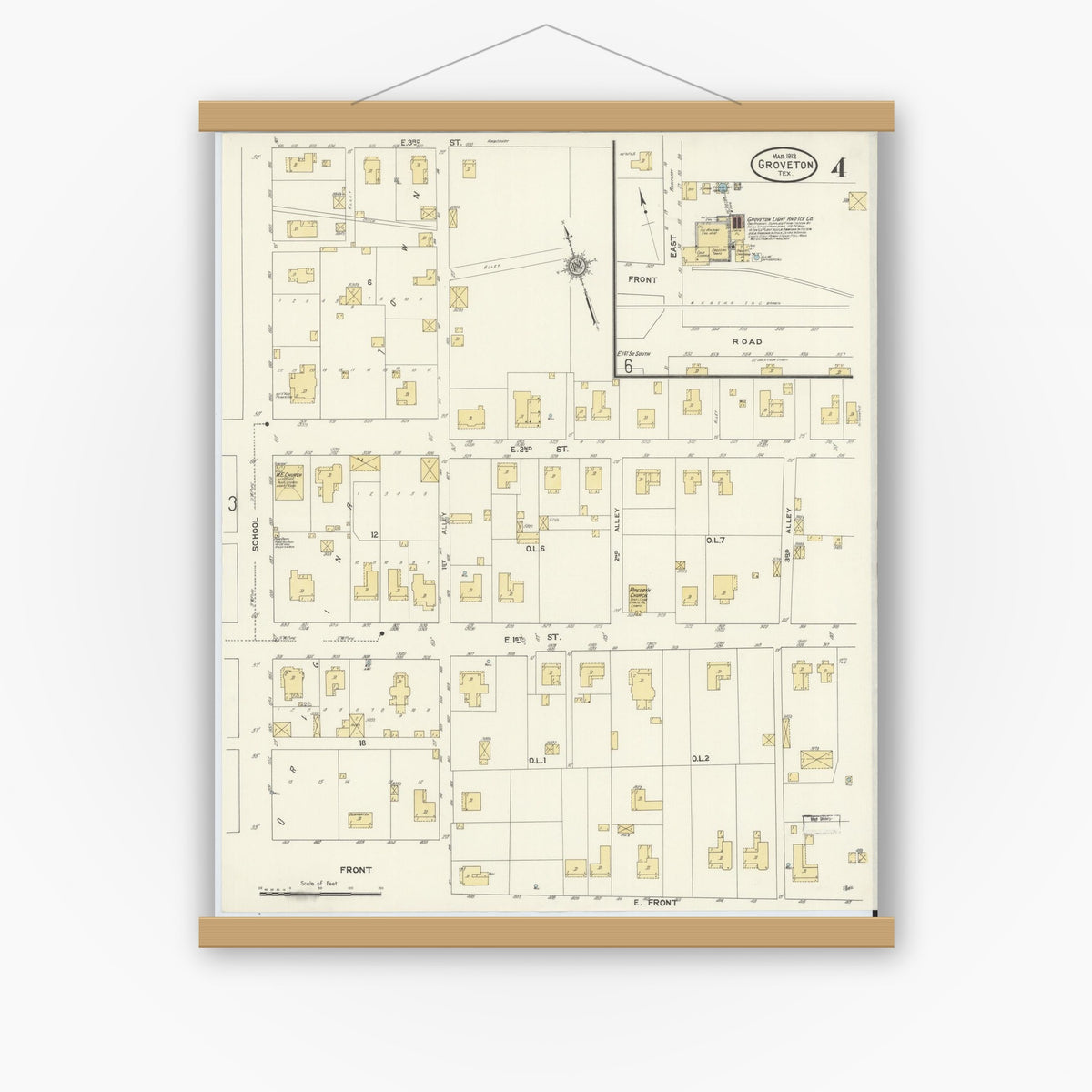 Old map wall art mockup — magnetic wood frame on white wall — Sanborn Fire Insurance Map from Groveton, Trinity County, Texas (1912), Sheet #0004