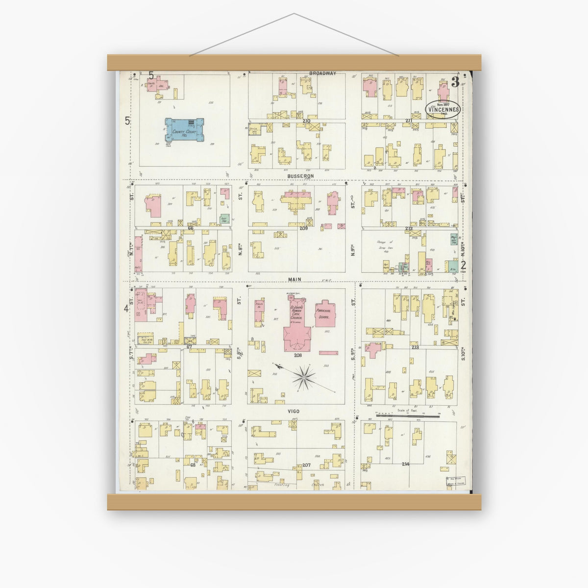 Old map wall art mockup — magnetic wood frame on white wall — Sanborn Fire Insurance Map from Vincennes, Knox County, Indiana (1897), Sheet #0003