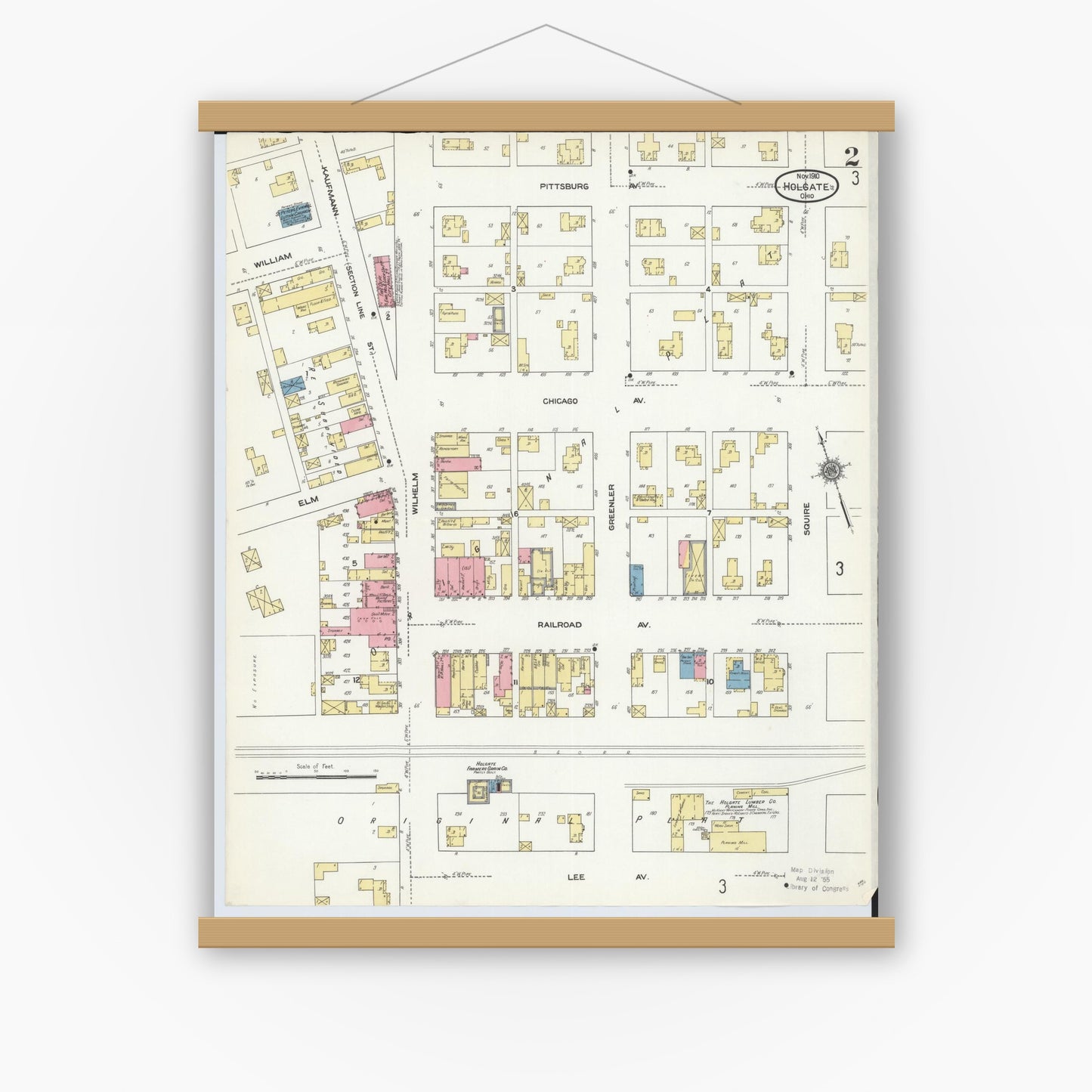 Old map wall art mockup — magnetic wood frame on white wall — Sanborn Fire Insurance Map from Holgate, Henry County, Ohio (1910), Sheet #0002