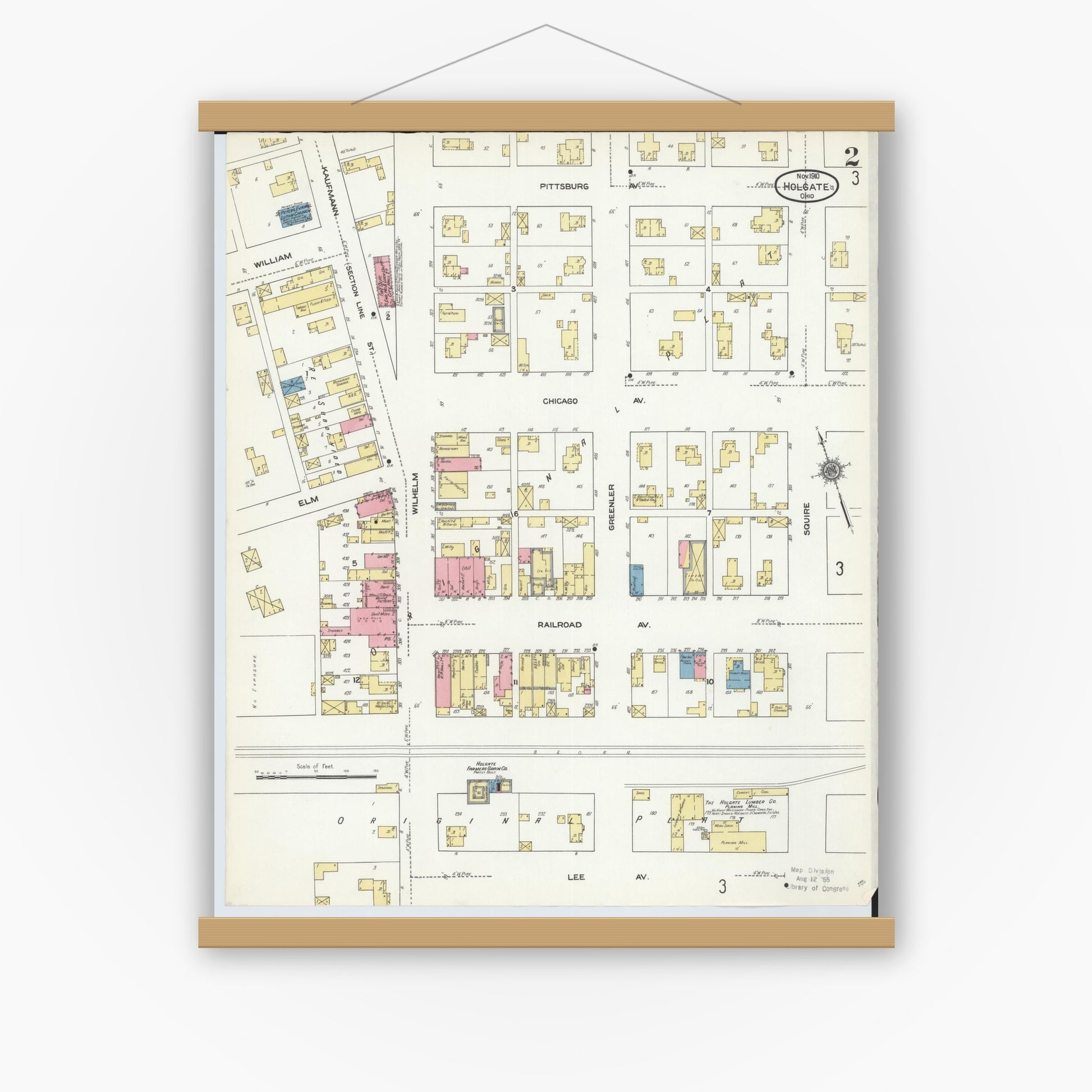 Old map wall art mockup — magnetic wood frame on white wall — Sanborn Fire Insurance Map from Holgate, Henry County, Ohio (1910), Sheet #0002