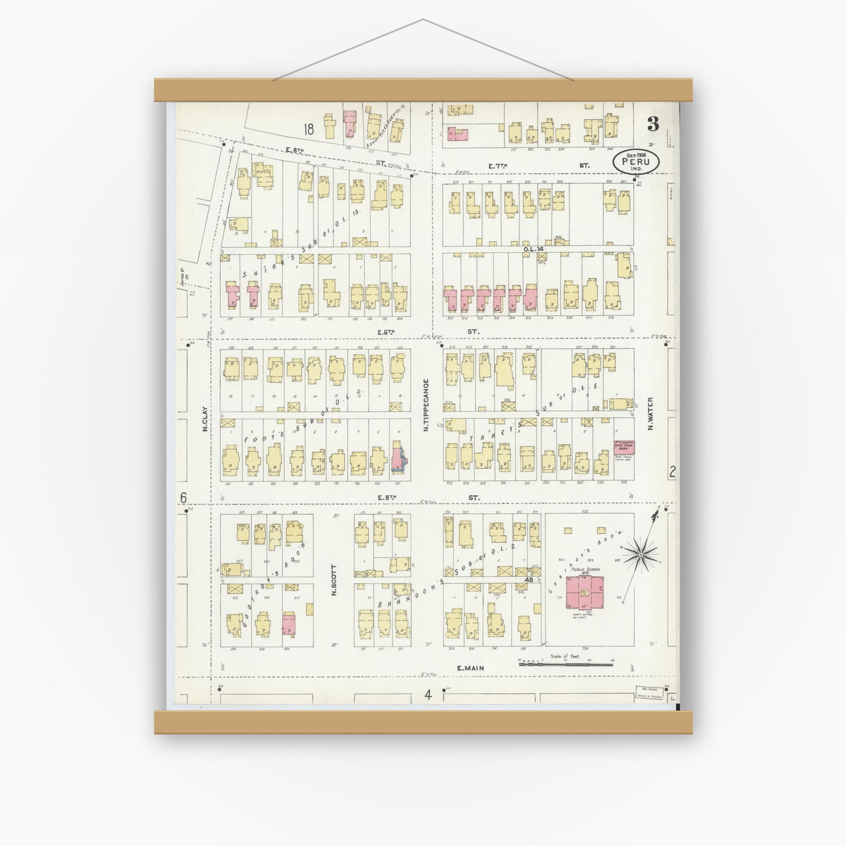 Old map wall art mockup — magnetic wood frame on white wall — Sanborn Fire Insurance Map from Peru, Miami County, Indiana (1906), Sheet #0003