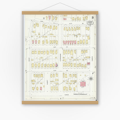 Old map wall art mockup — magnetic wood frame on white wall — Sanborn Fire Insurance Map from Peru, Miami County, Indiana (1906), Sheet #0003