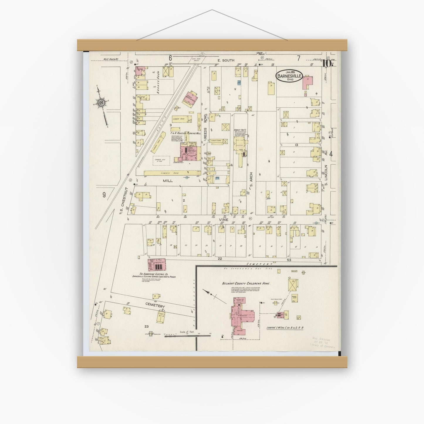 Old map wall art mockup — magnetic wood frame on white wall — Sanborn Fire Insurance Map from Barnesville, Belmont County, Ohio (1915), Sheet #0010