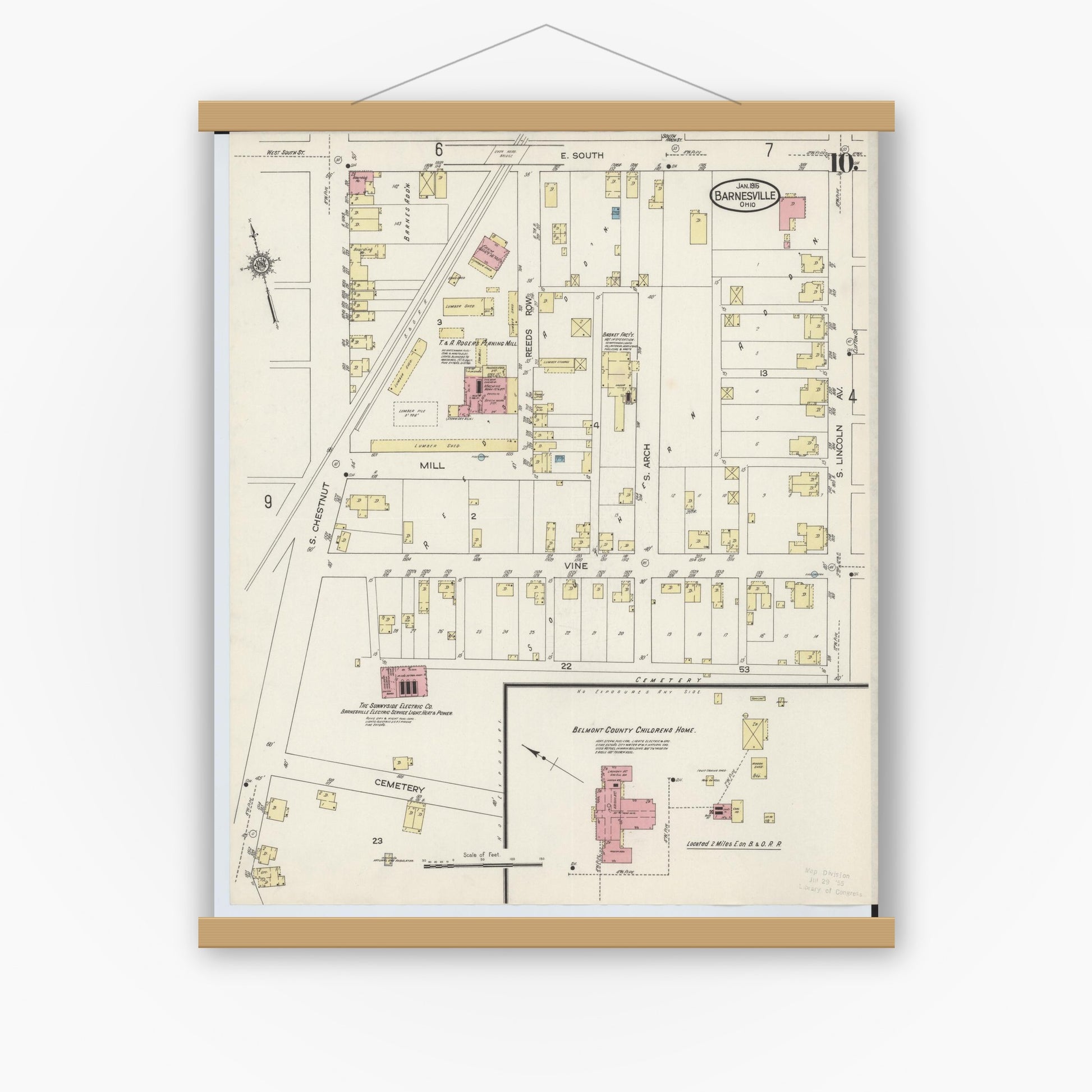 Old map wall art mockup — magnetic wood frame on white wall — Sanborn Fire Insurance Map from Barnesville, Belmont County, Ohio (1915), Sheet #0010