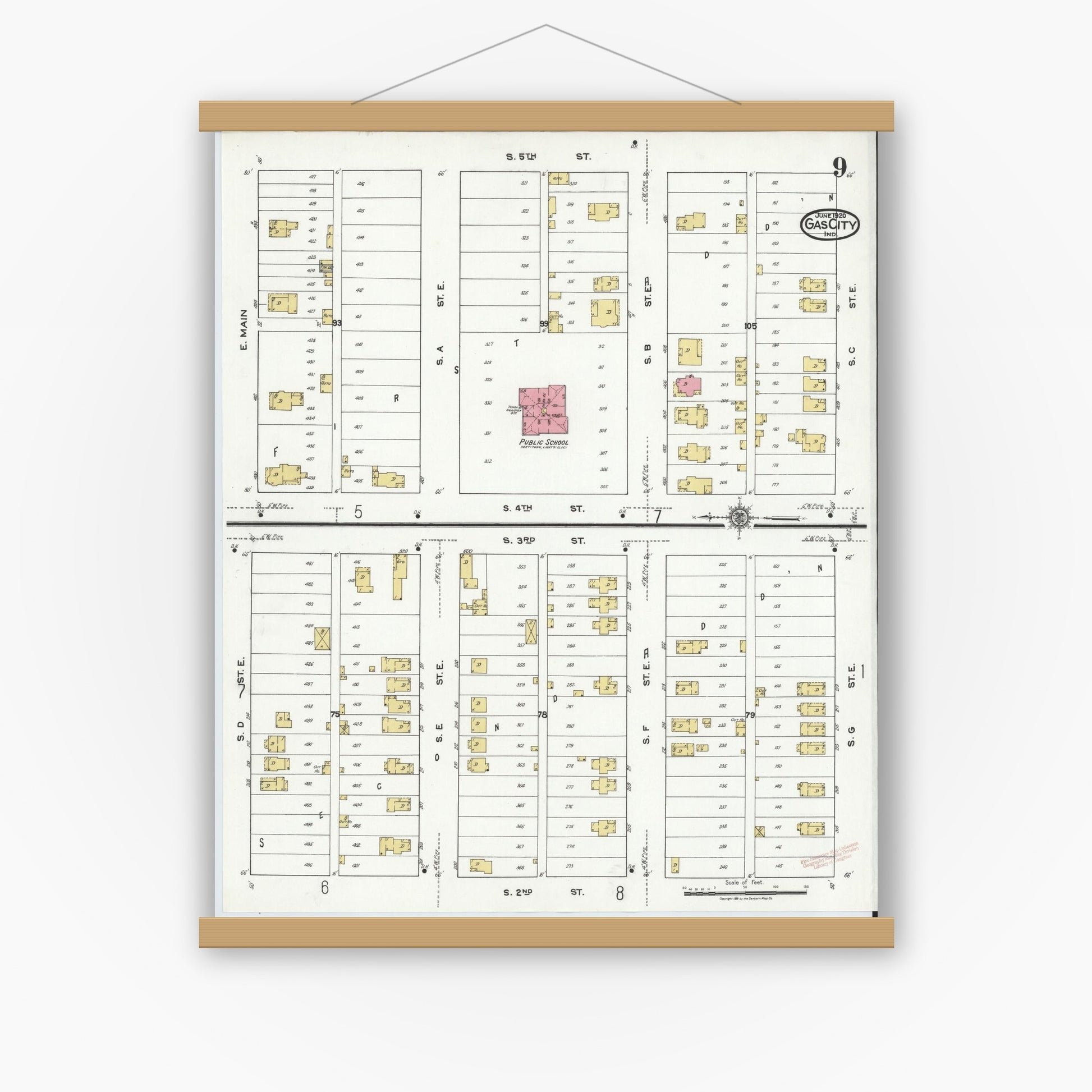 Old map wall art mockup — magnetic wood frame on white wall — Sanborn Fire Insurance Map from Gas City, Grant County, Indiana (1920), Sheet #0009
