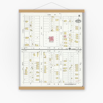 Old map wall art mockup — magnetic wood frame on white wall — Sanborn Fire Insurance Map from Gas City, Grant County, Indiana (1920), Sheet #0009
