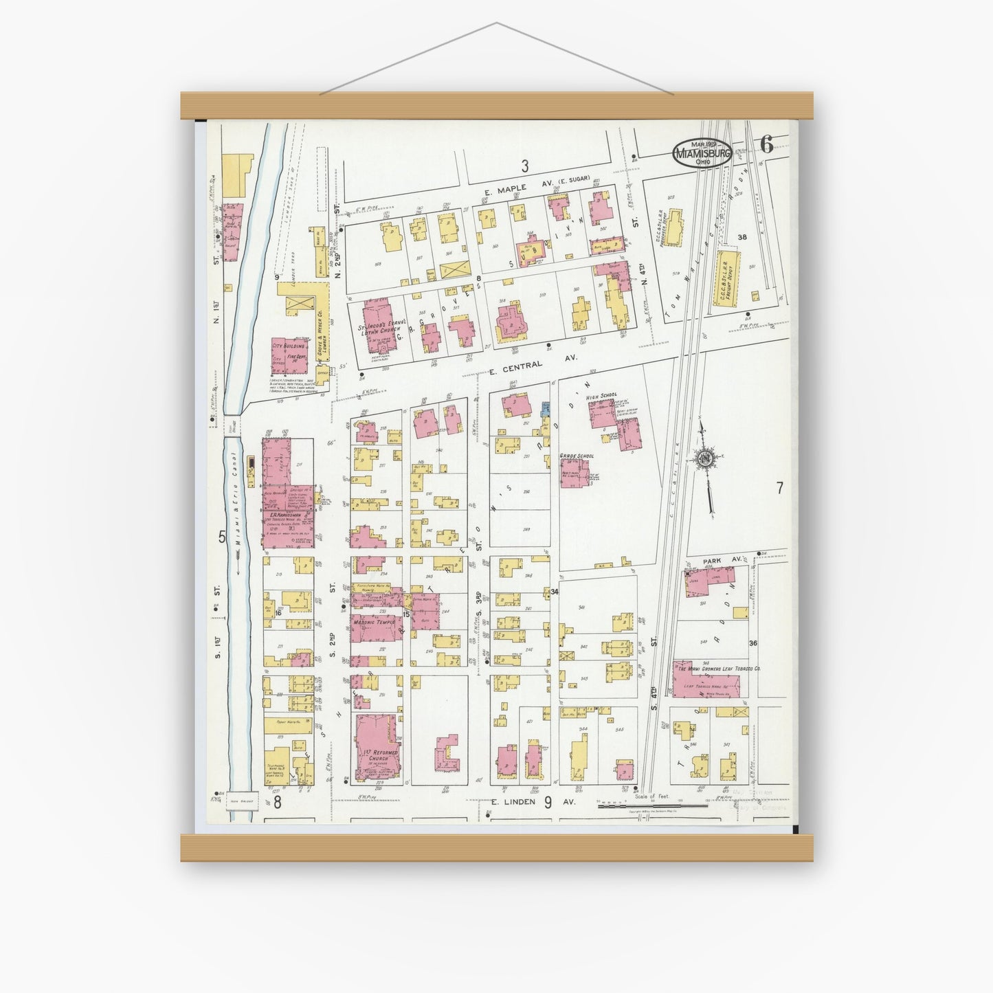 Old map wall art mockup — magnetic wood frame on white wall — Sanborn Fire Insurance Map from Miamisburg, Montgomery County, Ohio (1919), Sheet #0006