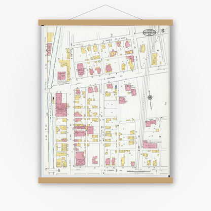 Old map wall art mockup — magnetic wood frame on white wall — Sanborn Fire Insurance Map from Miamisburg, Montgomery County, Ohio (1919), Sheet #0006