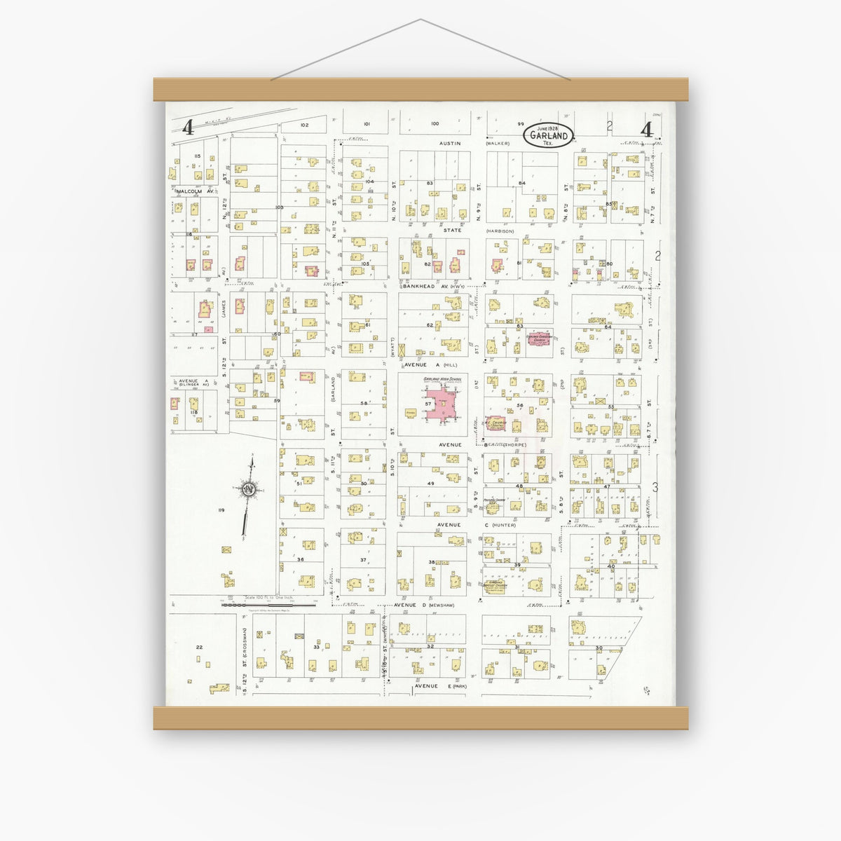 Old map wall art mockup — magnetic wood frame on white wall — Sanborn Fire Insurance Map from Garland, Dallas County, Texas (1928), Sheet #0004