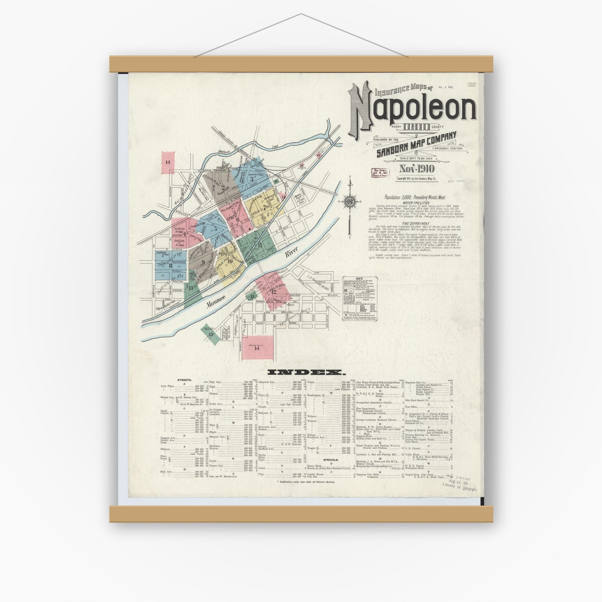 Old map wall art mockup — magnetic wood frame on white wall — Sanborn Fire Insurance Map from Napoleon, Henry County, Ohio (1910), Sheet #0001