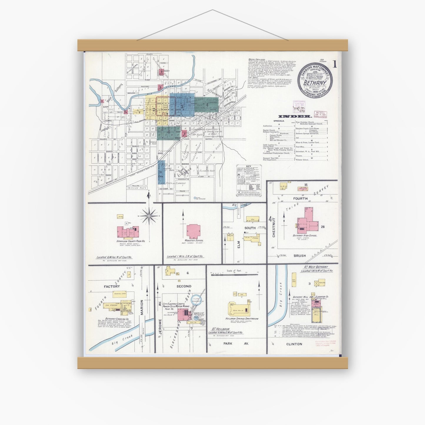 Old map wall art mockup — magnetic wood frame on white wall — Sanborn Fire Insurance Map from Bethany, Harrison County, Missouri (1909) - Complete Map Set