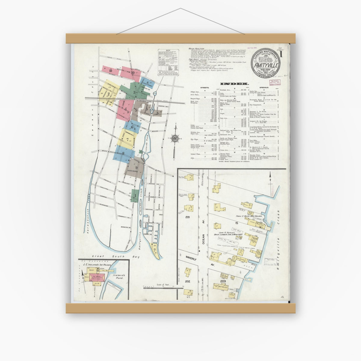 Old map wall art mockup — magnetic wood frame on white wall — Sanborn Fire Insurance Map from Amityville, Suffolk County, New York (1910), Sheet #0001