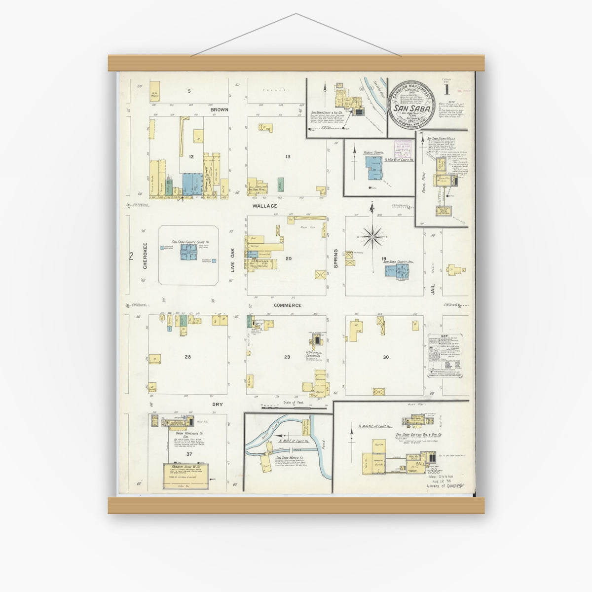 Old map wall art mockup — magnetic wood frame on white wall — Sanborn Fire Insurance Map from San Saba, San Saba County, Texas (1907), Sheet #0001