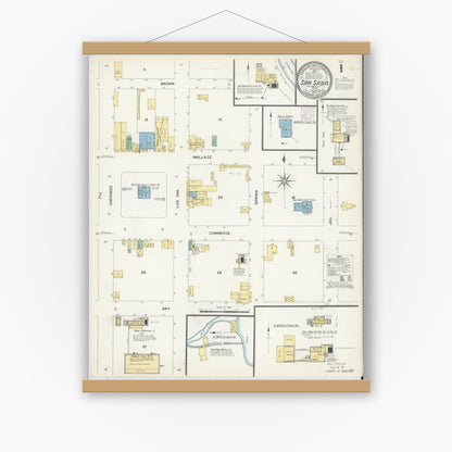 Old map wall art mockup — magnetic wood frame on white wall — Sanborn Fire Insurance Map from San Saba, San Saba County, Texas (1907), Sheet #0001