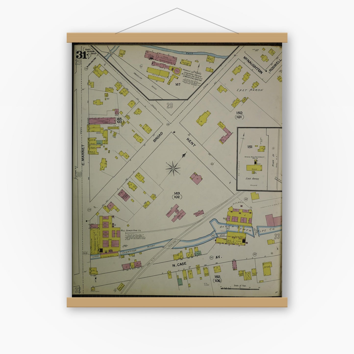 Old map wall art mockup — magnetic wood frame on white wall — Sanborn Fire Insurance Map from Akron, Summit County, Ohio (1892), Sheet #0031
