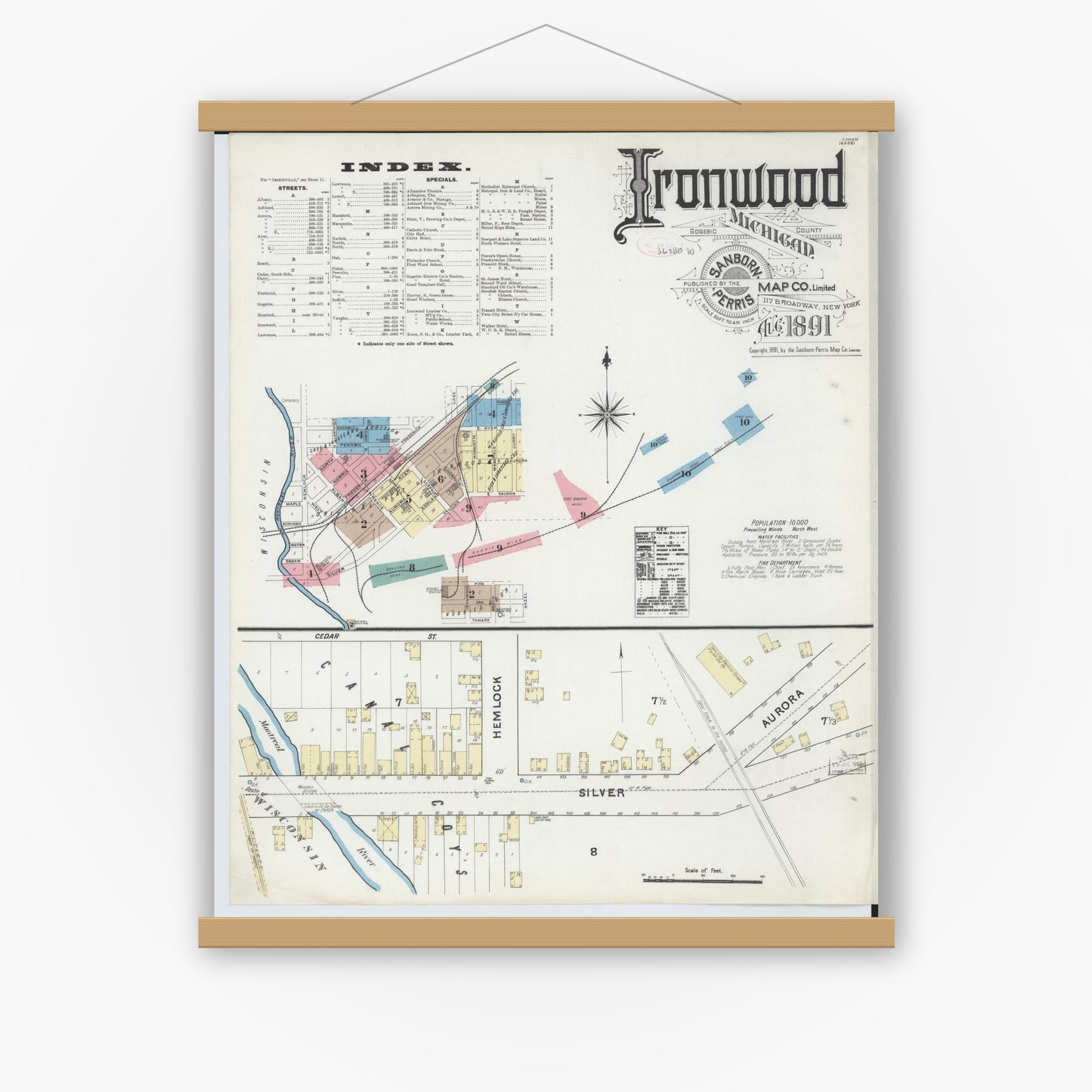 Old map wall art mockup — magnetic wood frame on white wall — Sanborn Fire Insurance Map from Ironwood, Gogebic County, Michigan (1891) - Complete Map Set