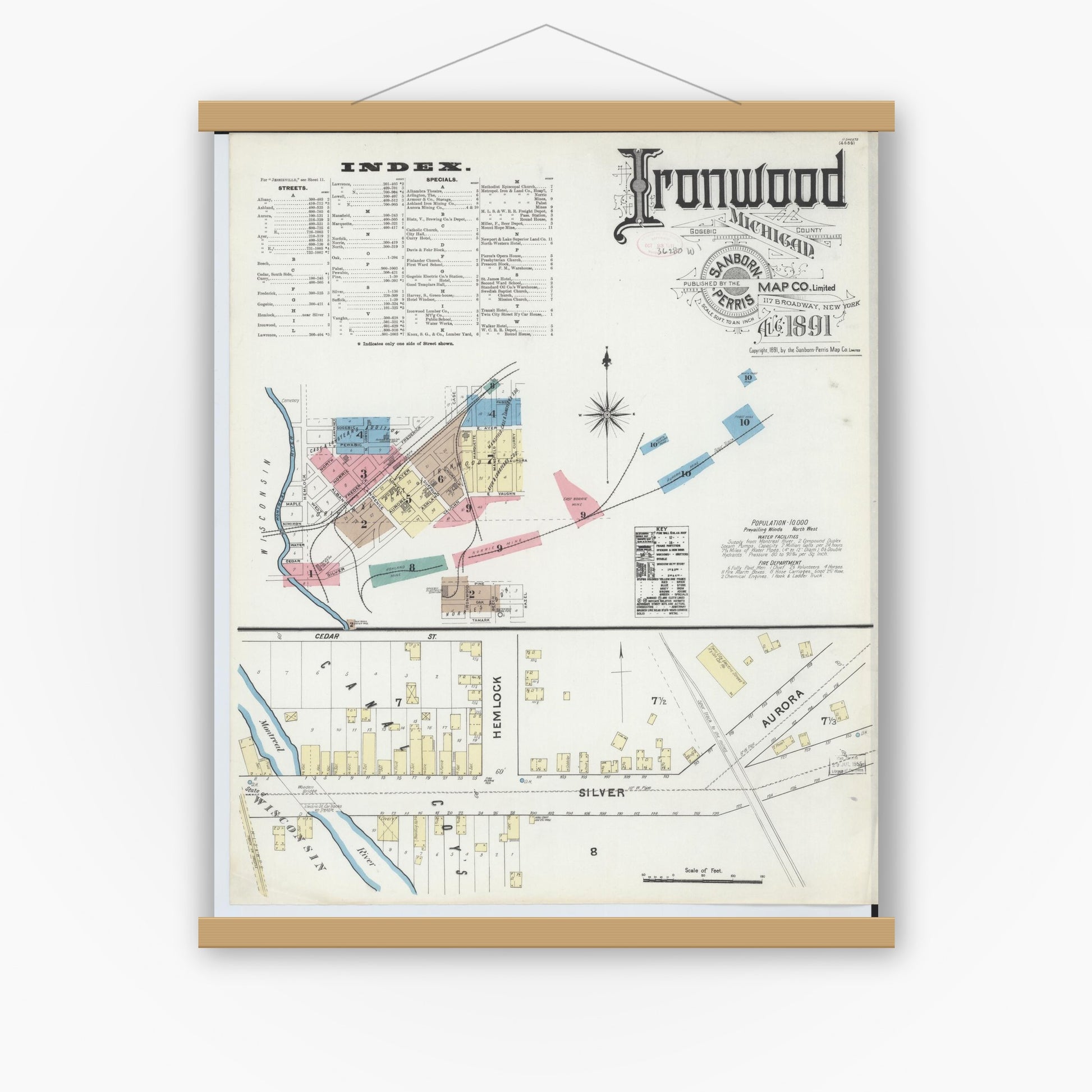 Old map wall art mockup — magnetic wood frame on white wall — Sanborn Fire Insurance Map from Ironwood, Gogebic County, Michigan (1891) - Complete Map Set