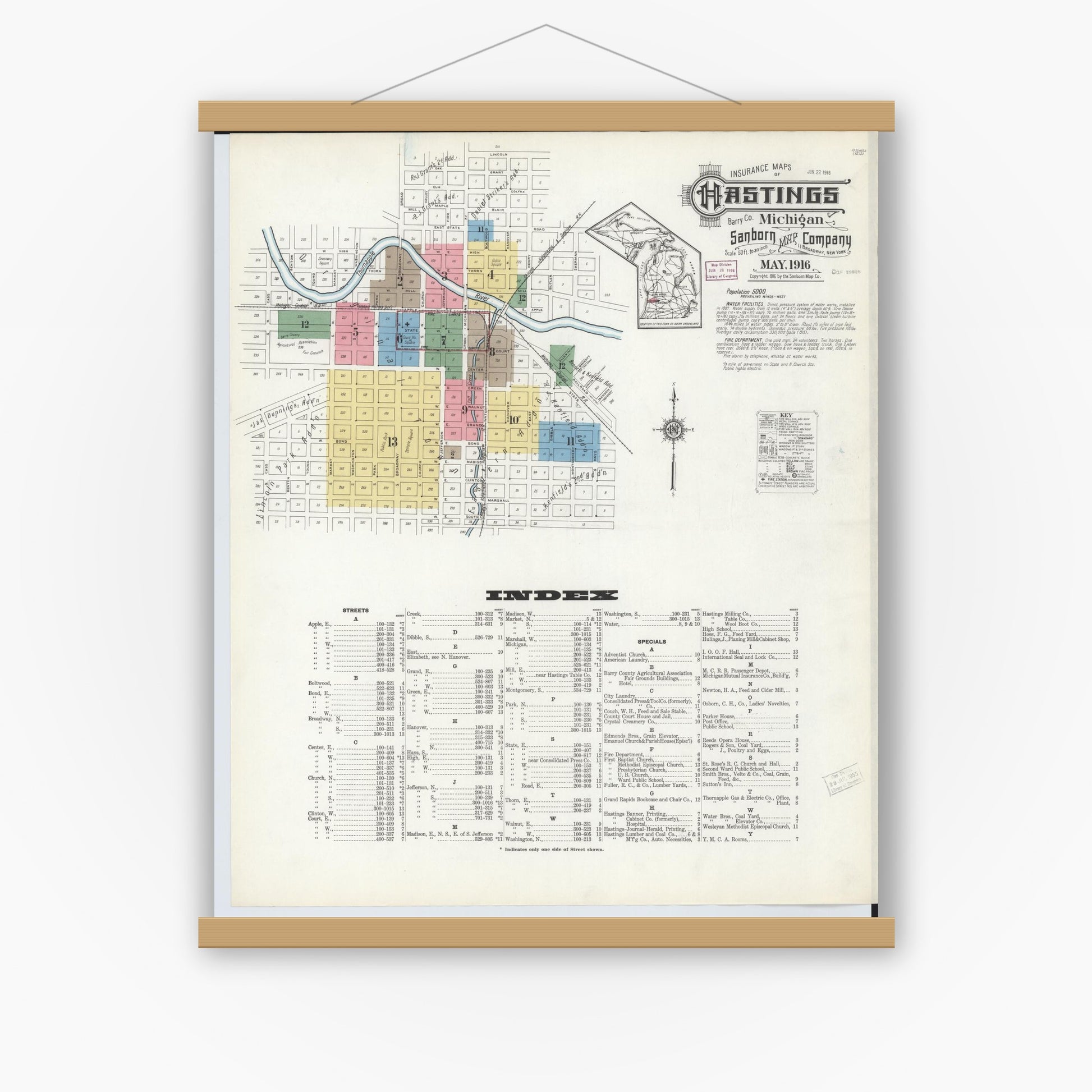 Old map wall art mockup — magnetic wood frame on white wall — Sanborn Fire Insurance Map from Hastings, Barry County, Michigan (1916) - Complete Map Set