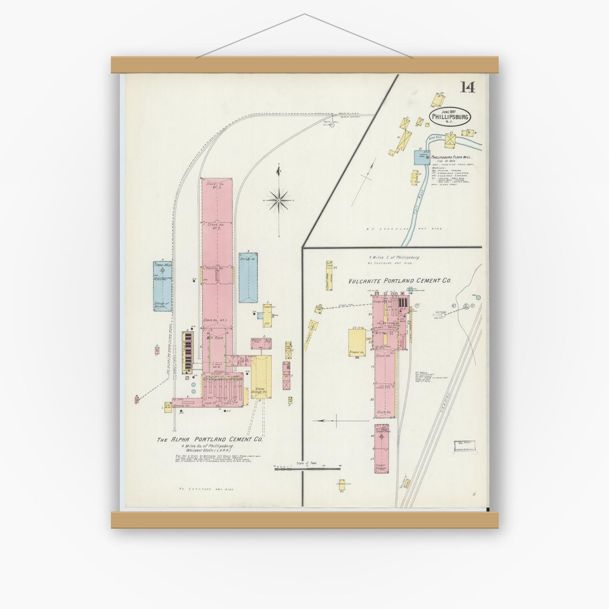 Old map wall art mockup — magnetic wood frame on white wall — Sanborn Fire Insurance Map from Phillipsburg, Warren County, New Jersey (1897), Sheet #0014