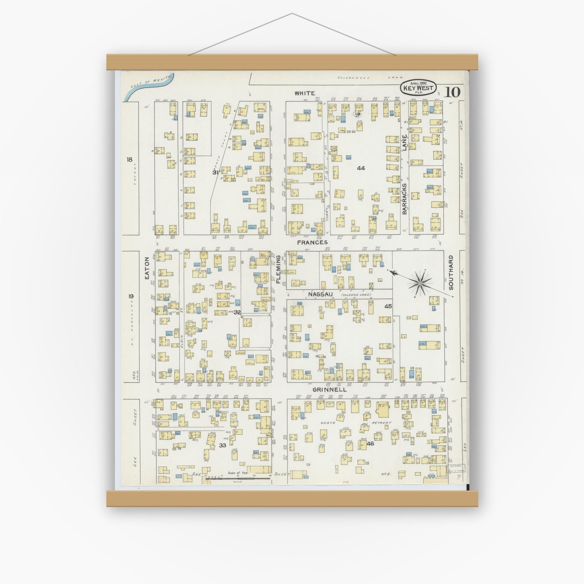 Old map wall art mockup — magnetic wood frame on white wall — Sanborn Fire Insurance Map from Key West, Monroe County, Florida (1892), Sheet #0010