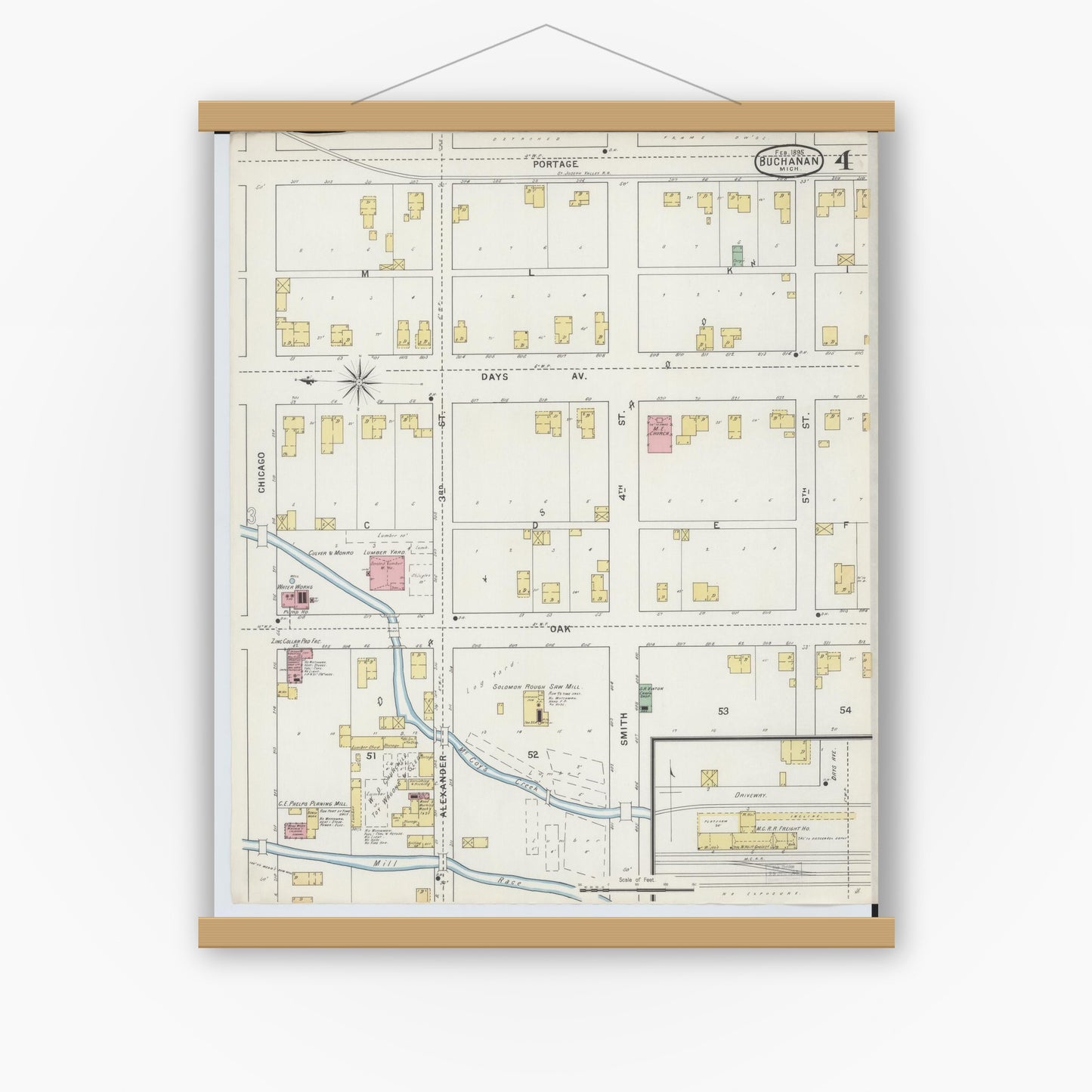 Old map wall art mockup — magnetic wood frame on white wall — Sanborn Fire Insurance Map from Buchanan, Berrien County, Michigan (1895), Sheet #0004